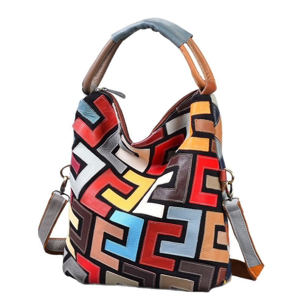 Genuine Leather Geometric Pattern Tote Bag for Women, Large Capacity Top Handle Crossbody Shoulder Purse, Handmade Cowhide Handbag for Ladies