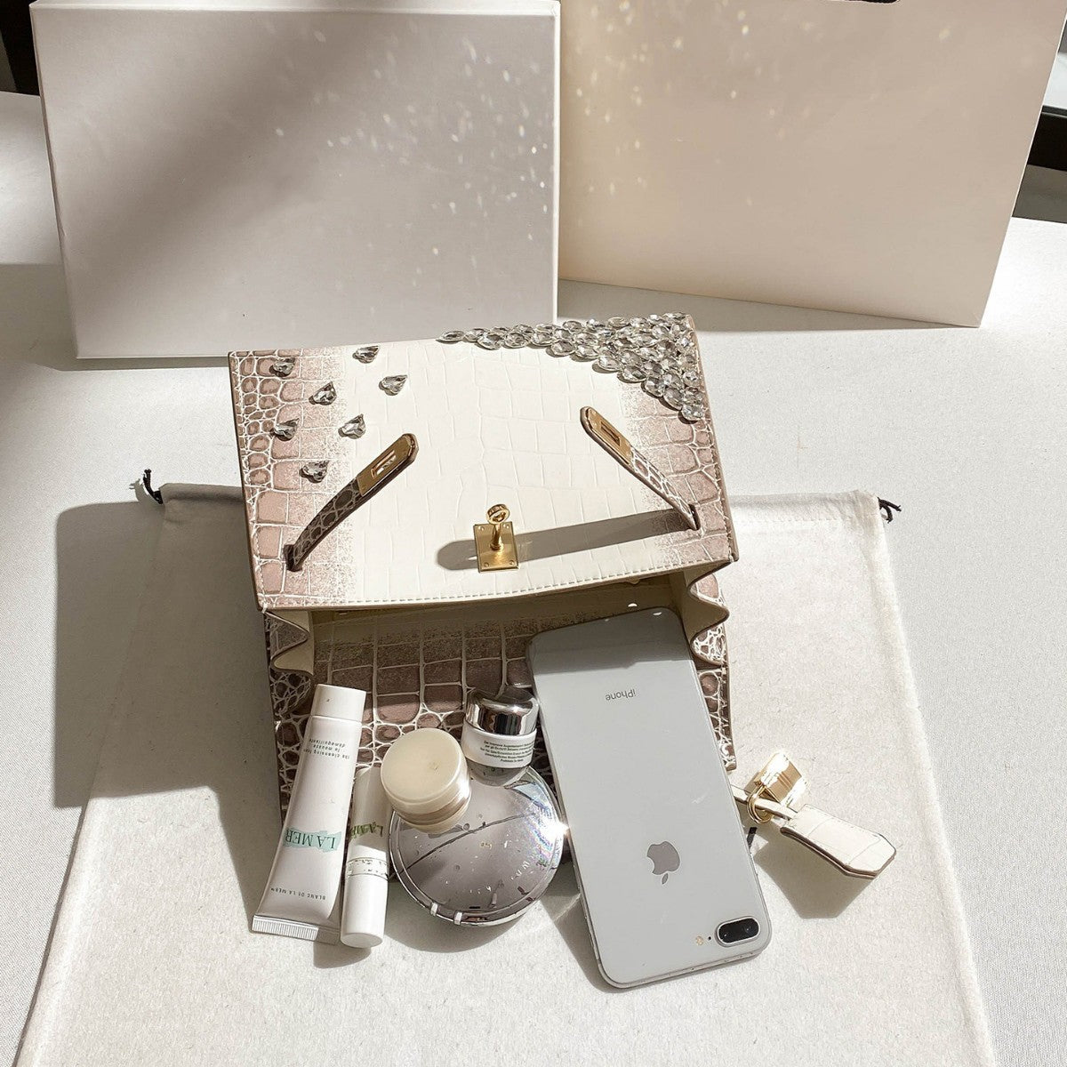 New Arrival Rhinestone-Embellished Croc-Effect Light Luxury Handbag for Women, Exquisite Birkin & Kelly-Inspired Top-Handle Purse with Heavy-Duty Sparkly Design, Fashionable Everyday Bag
