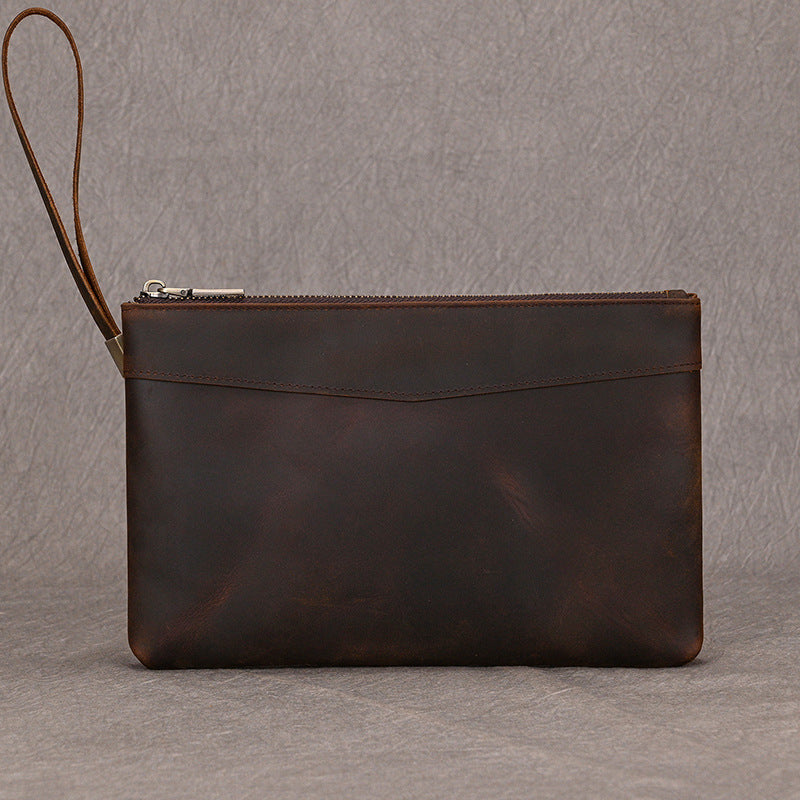 Genuine Crazy Horse Leather Long Clutch Wallet for Men, Large Capacity Vintage Business Wristlet Bag with Strap, Premium Cowhide Handbag for Gentlemen