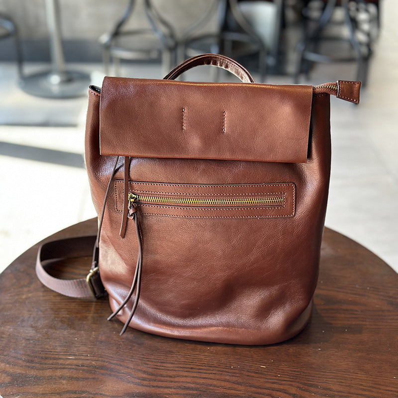 Genuine Vegetable-Tanned Cowhide Backpack for Women, New Original Japanese Vintage Artisan Large Capacity School Daypack, Casual Leather Bag for Ladies