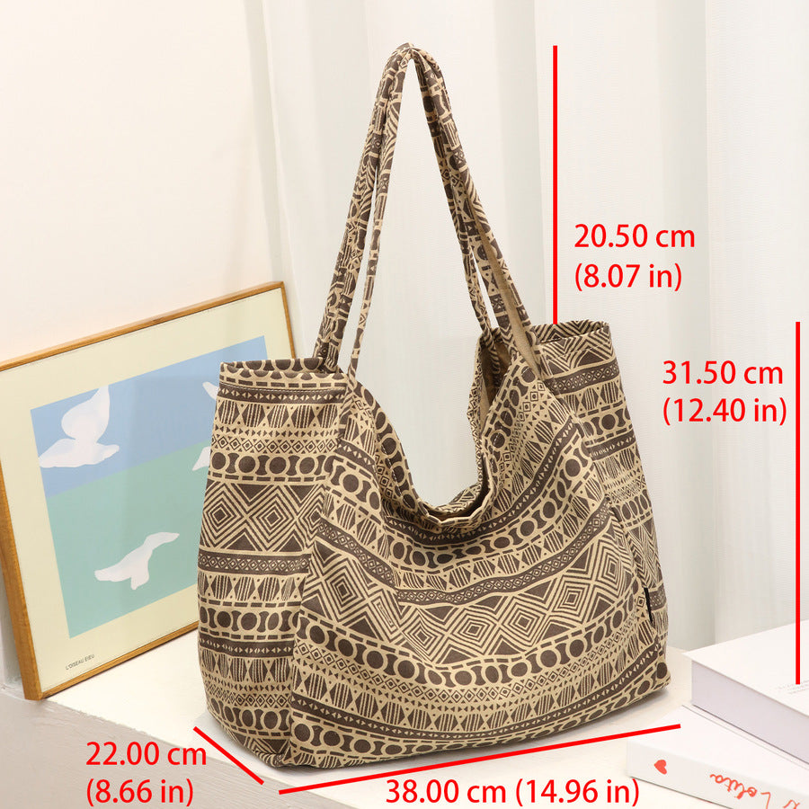 Summer Floral Print Canvas Tote Bag for Women Large Capacity Shoulder Purse, Casual Geometric Pattern Travel Handbag with Versatile Everyday Appeal