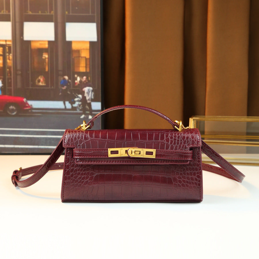 Chic Korean Style Light Luxury Croc-Effect Kelly-Inspired Handbag for Women, A Small Exquisite Top-Handle Bag with Turn-Lock Design & Premium Feel