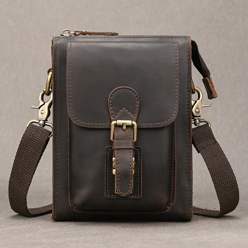 Crazy Horse Leather Small Phone Crossbody Shoulder Bag, Square Travel Sling Pouch with Belt Waist Pack for Men