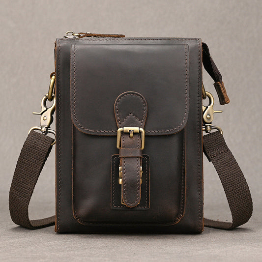 Crazy Horse Leather Small Phone Crossbody Shoulder Bag, Square Travel Sling Pouch with Belt Waist Pack for Men