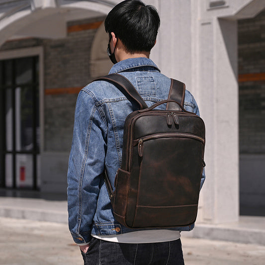 Genuine Top Layer Crazy Horse Cowhide 15-Inch Backpack for Men, Vintage Casual Student School Travel Daypack, Durable Leather Rucksack for Gentlemen