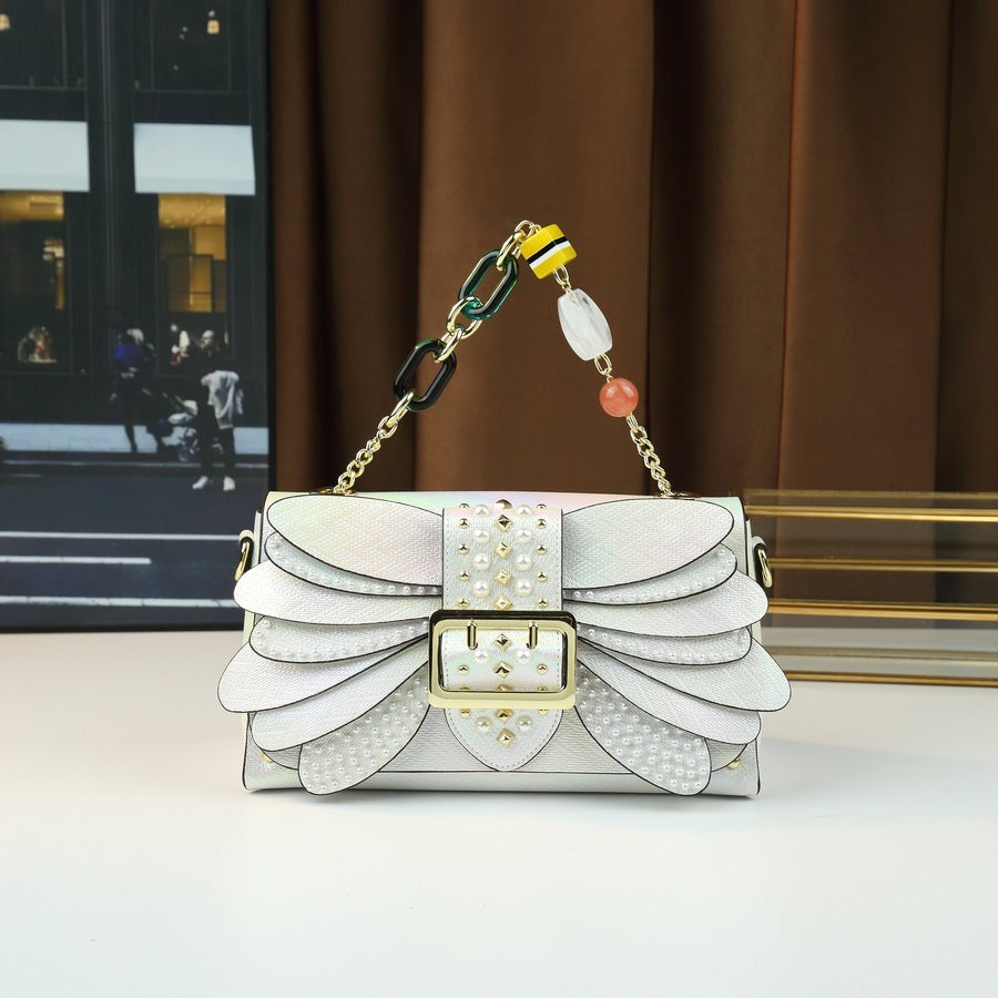 New Arrival Pearl Studded Wing Bag for Women, A Small Square Top-Handle Handbag with Acrylic Chain & Trendy Design, Perfect for Daily Style