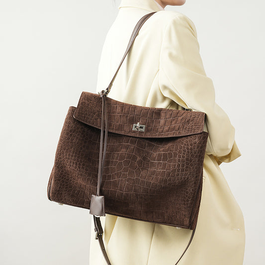Genuine Suede Large Capacity Tote Bag for Women, Vintage Commute Underarm Shoulder Top Handle Purse, Premium Everyday Handbag for Ladies