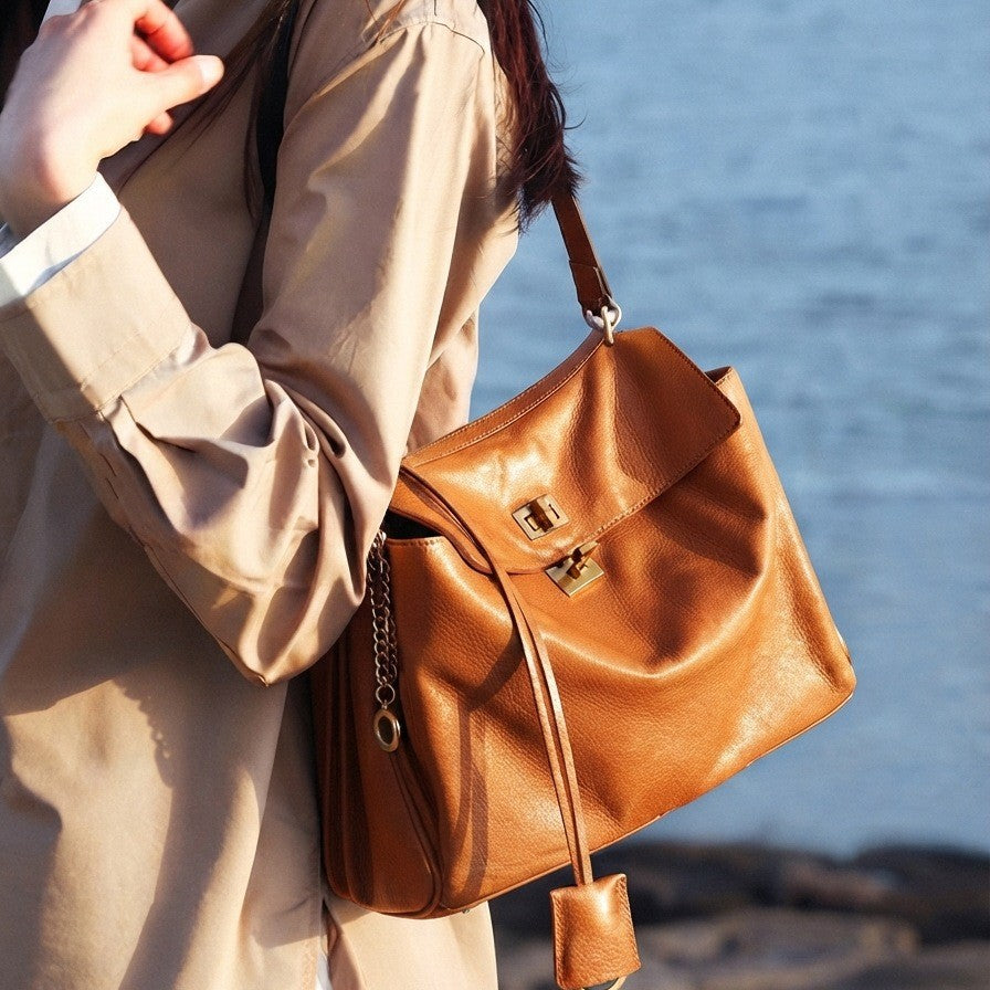Genuine Vegetable-Tanned Leather Large Capacity Tote Bag for Women, 2026 New Commute Top Handle Crossbody Purse, Premium Textured Everyday Handbag for Ladies