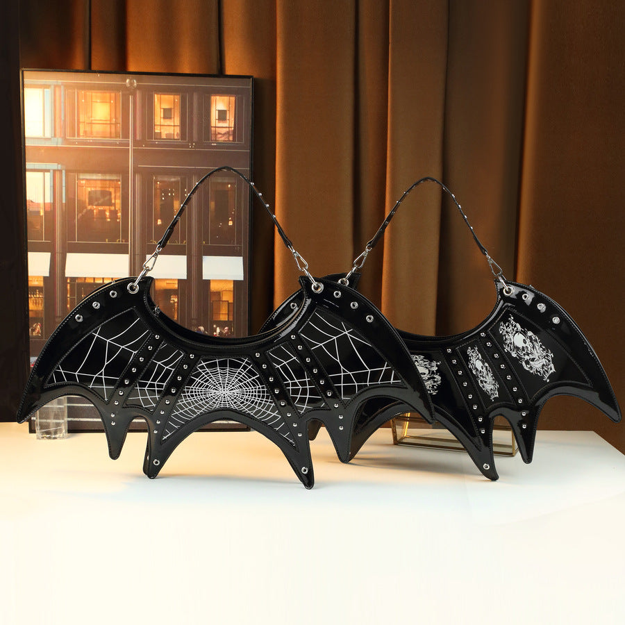 Mirror Bat Wing Bag for Women Halloween Skull Rivet Handbag, Gothic Mirror Metallic Shoulder Crossbody Purse with Unique Bat-Shaped Silhouette