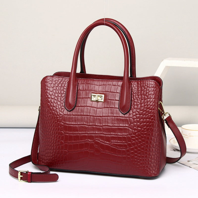 Genuine Top Layer Cowhide Crocodile-Embossed Handbag for Women, New Commute Shoulder Crossbody Top Handle Purse, Fashionable Everyday Bag 6055 for Ladies