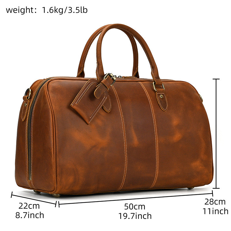 20-Inch Vintage Crazy Horse Leather Travel Duffle, Large Capacity Top Handle Shoulder Luggage Bag, Premium Cowhide Weekender for Men