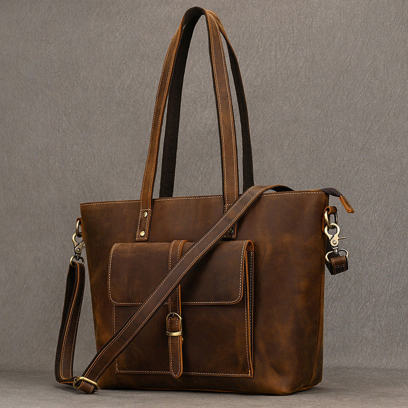 Genuine Crazy Horse Cowhide Tote Bag for Men and Women, Large Capacity Vintage Commute Shoulder Crossbody Top Handle Handbag, Versatile Unisex Purse for Ladies and Gentlemen