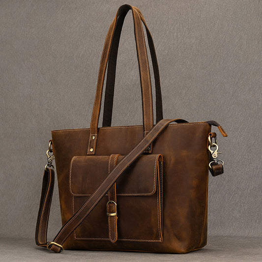 Genuine Crazy Horse Cowhide Tote Bag for Men and Women, Vintage Large Capacity Shoulder Crossbody Top Handle Handbag, Perfect Commute Bag for Ladies and Gentlemen