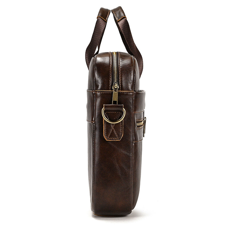 New Business Top Layer Cowhide 14-Inch Laptop Briefcase, Shoulder Crossbody Commute Bag, Premium Genuine Leather Work Bag for Men