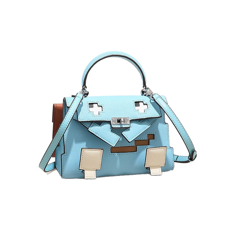 Genuine Leather Mosaic Doll Kelly-Style Bag for Women, Summer Bestseller Niche Designer Top Handle Shoulder Crossbody Purse, Cartoon Print Handbag for Ladies
