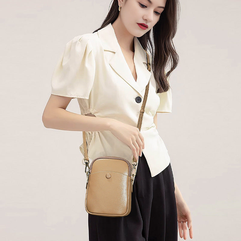 New Top Layer Cowhide Mini Phone Bag, Versatile Shoulder Crossbody Purse, Fashionable Genuine Leather Handbag for Women