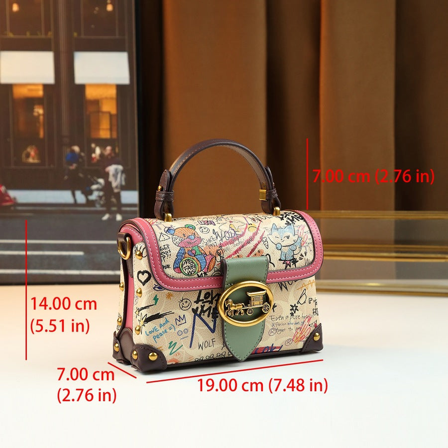 Color-Block Graffiti Bear Tote Bag for Women Light Luxury Shoulder Crossbody Handbag, Playful Art Purse with Versatile Spring Summer Style