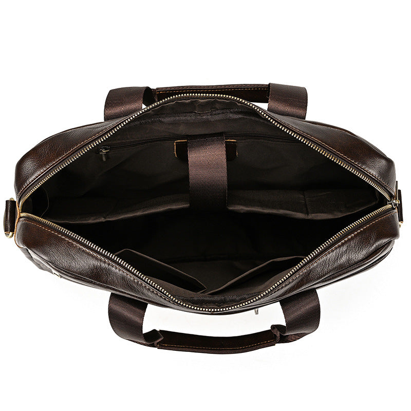 New Business Top Layer Cowhide 14-Inch Laptop Briefcase, Shoulder Crossbody Commute Bag, Premium Genuine Leather Work Bag for Men