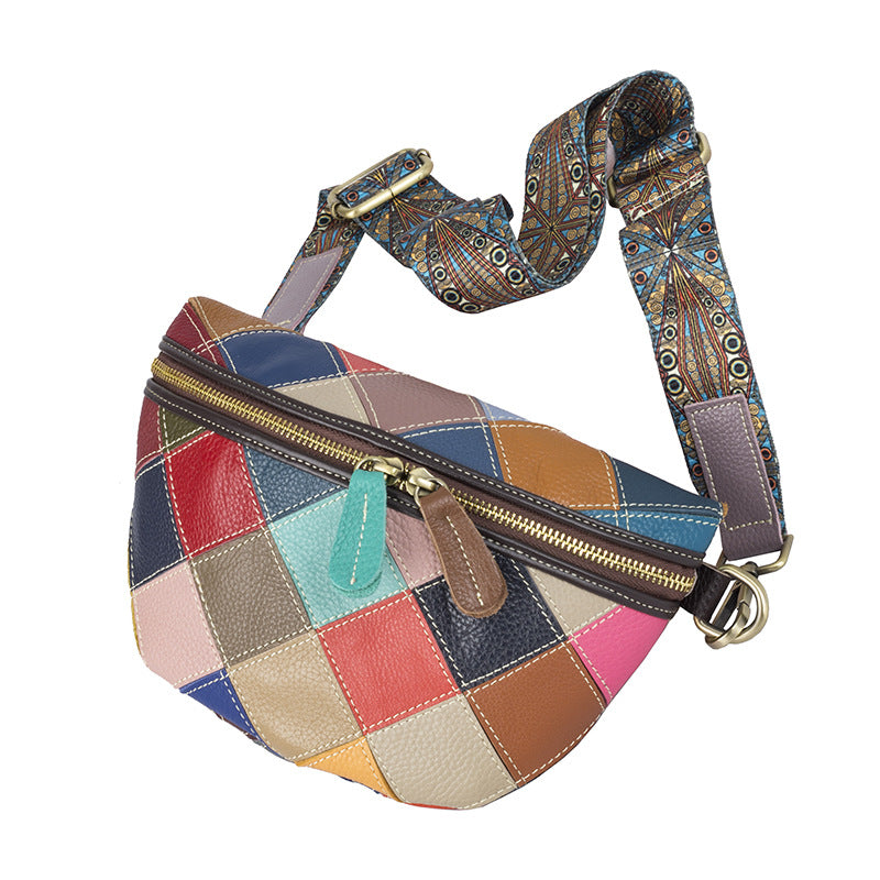 Genuine Top Layer Cowhide Colorful Patchwork Bag for Women, New Wide Strap Shell Crossbody Shoulder Purse, Trendy Dumpling Handbag for Ladies