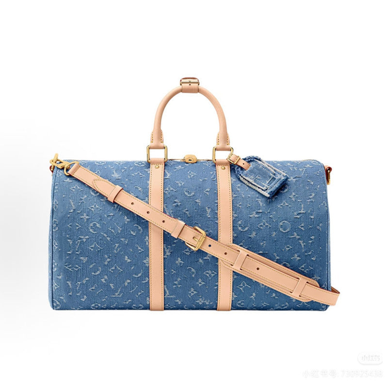 Denim Blue Boston Travel Tote Bag for Women Large Capacity Shoulder Crossbody Handbag, Versatile Laptop Shopping Purse with Pillow Silhouette