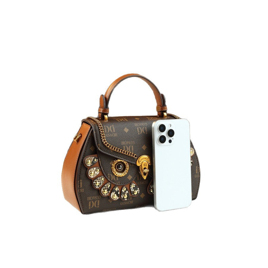 New Arrival Starry Owl Letter Print Bag for Women, A Light Luxury Vintage Top-Handle Shoulder Crossbody Handbag with High-Textured Design