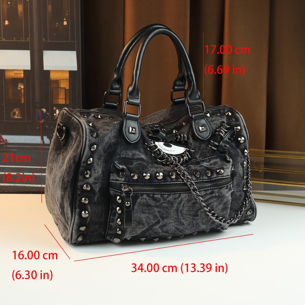 Denim Rivet Chain Bag for Women Casual Stylish Top Handle Shoulder Crossbody Purse, Large Capacity Handbag with Trendy Hardware Accents