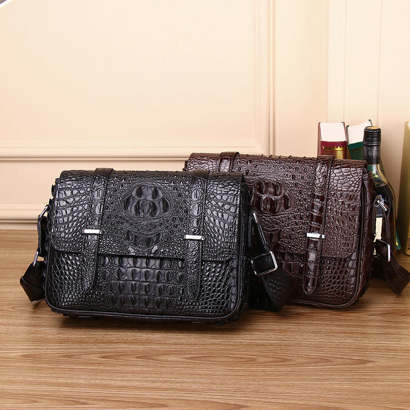 New Arrival Croc-Effect Men's Cambridge Satchel Bag, A Large Capacity Vintage Postal Shoulder Backpack with Flap Closure, Perfect for Business & Casual