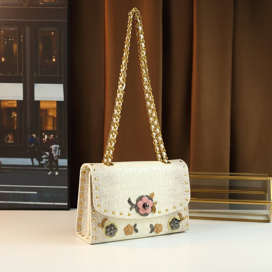 Floral Lace Kelly Mini Bag for Women Lock Buckle Shoulder Crossbody Handbag, Niche Premium Purse with Elegant Floral Detail