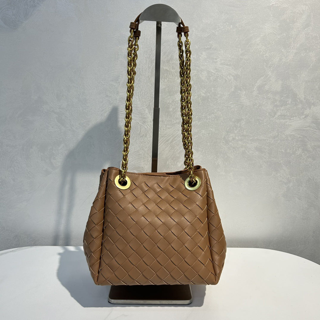 Genuine Leather Metal Chain Woven Parachute Bag for Women, Large Capacity Vintage Underarm Shoulder Crossbody Purse, Premium Handbag for Ladies