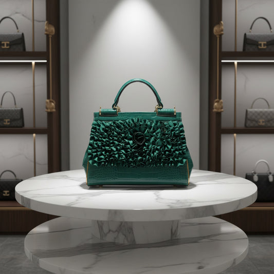 Genuine Leather Ruffle Top Handle Handbag for Women, Premium Textured Light Luxury Bag, Designer Style Ladies Purse