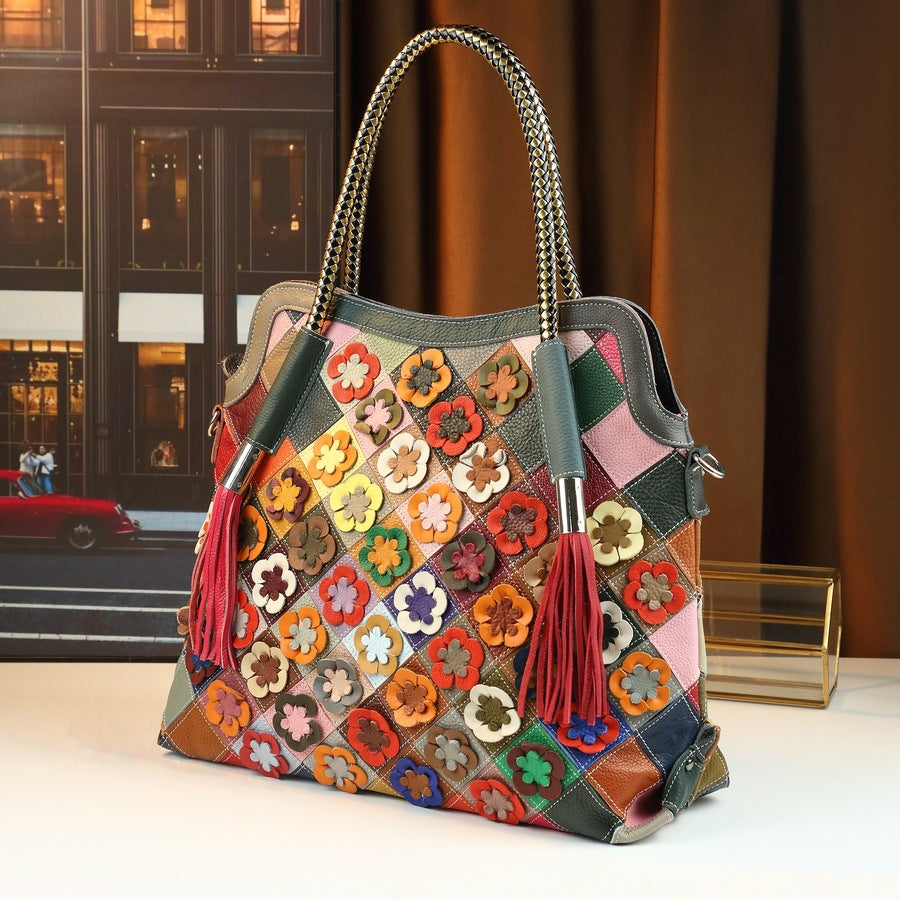Woven Patchwork Flower Tote Bag for Women Multi-Color Handmade Shoulder Crossbody Handbag, Large Capacity Bohemian Purse with Vibrant Design