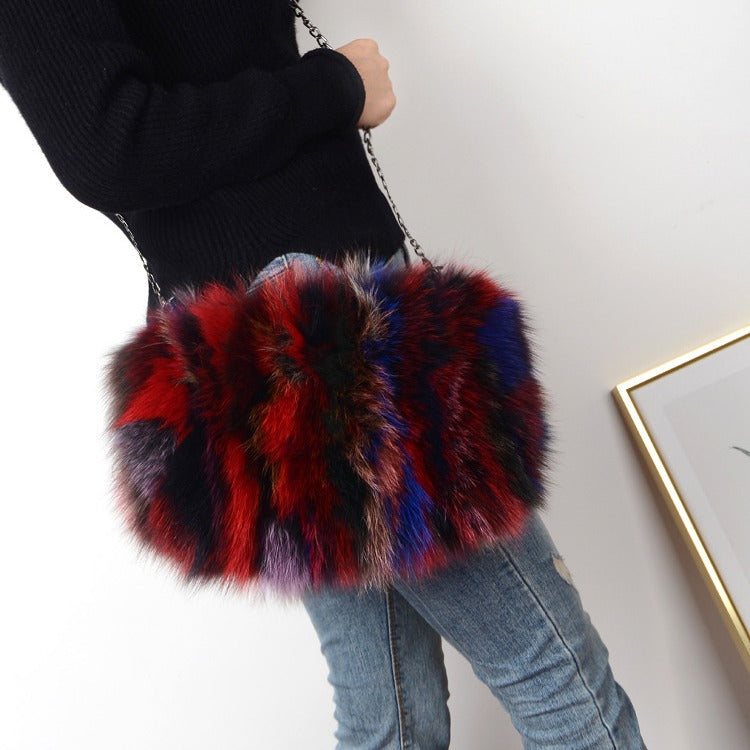 New Fashion Fox Fur Muff Bag for Women, Warm Fluffy Fur Shoulder Crossbody Purse with Chain Strap, Genuine Fur Handbag for Winter