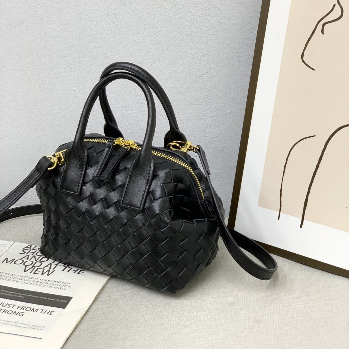 Genuine Leather Woven Boston Bag for Women, New Casual Shoulder Crossbody Top Handle Purse, Trendy Bowling Handbag for Ladies