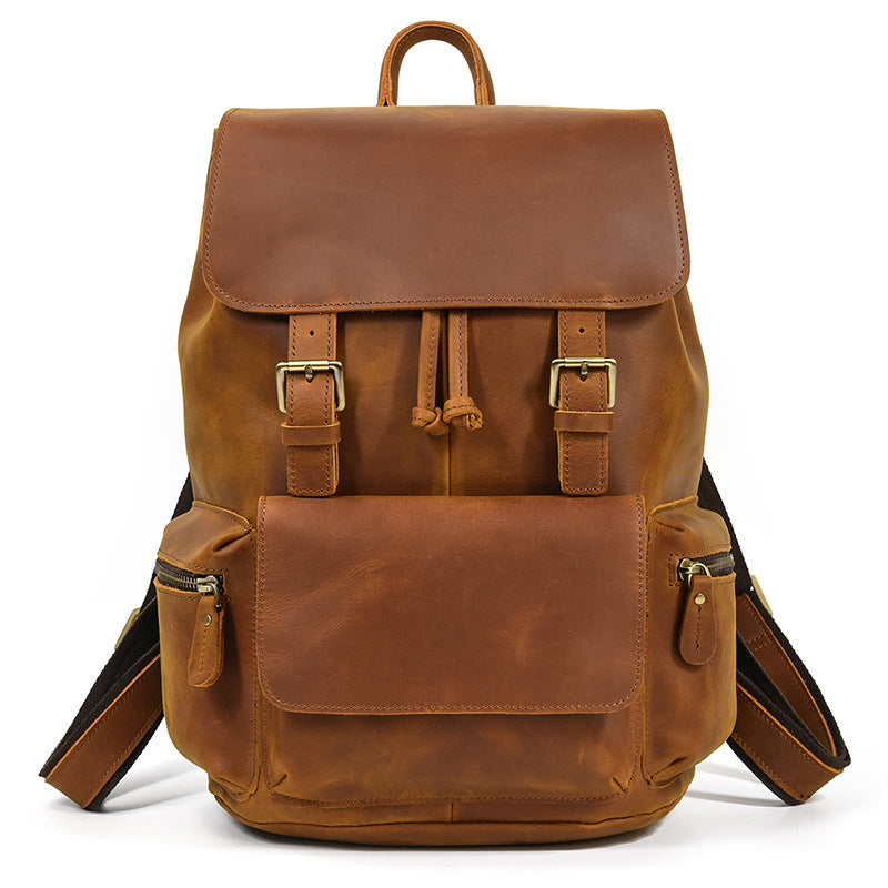 Men's Crazy Horse Leather Backpack Vintage Travel Daypack for Women Students, Genuine Leather Casual Rucksack Large Capacity