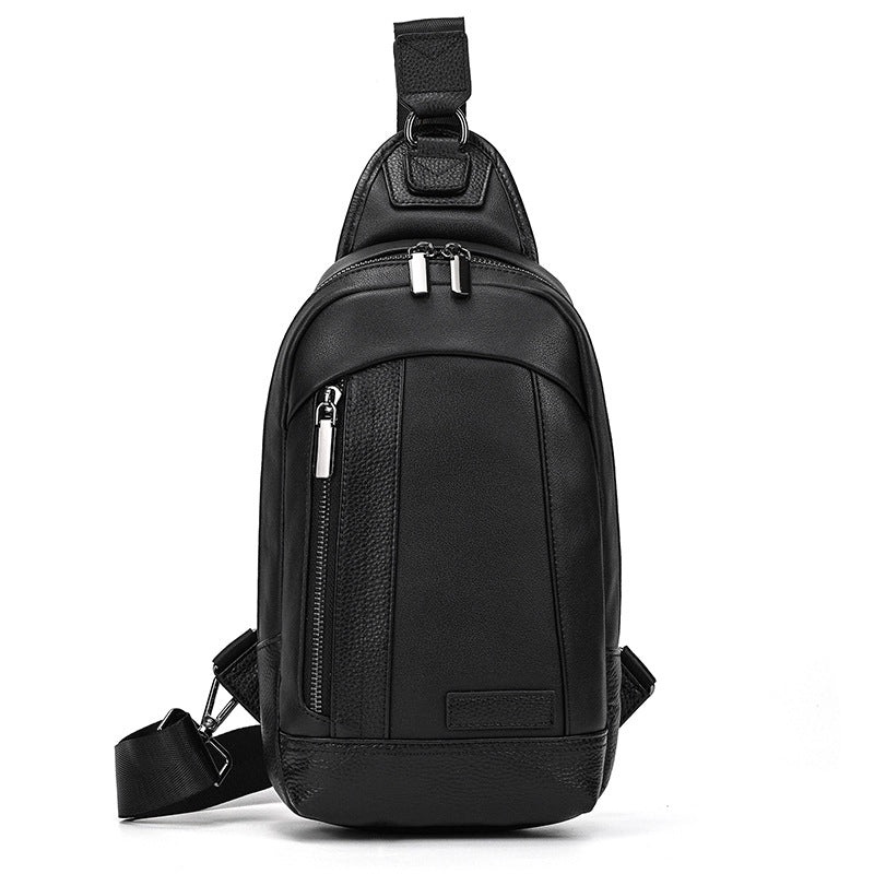 Black Genuine Leather Large Capacity Chest Bag, Casual Crossbody Shoulder Pouch Fits iPad, Premium Cowhide Travel Pack for Men