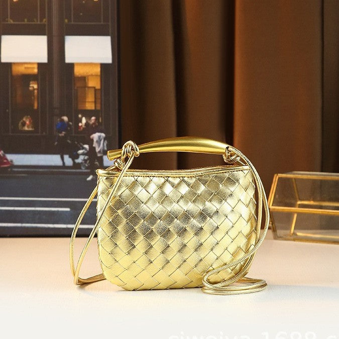 Gold Mini Woven Bag for Women with Sardine Handle, Niche Shoulder Crossbody Handbag with Unique Hardware Accent