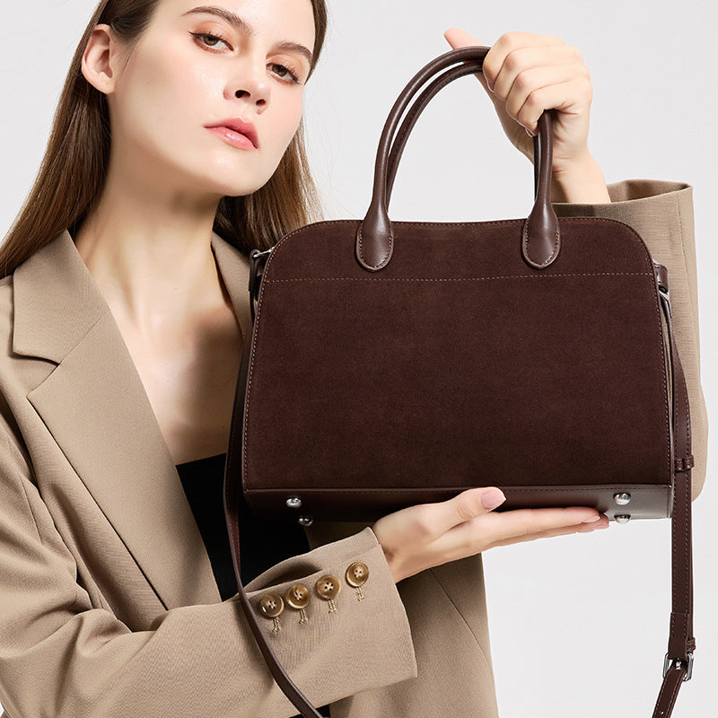 Genuine Leather Suede Tote Bag for Women Vintage Large Capacity Commuter Shoulder Handbag, Elegant Purse with Soft Velvety Texture