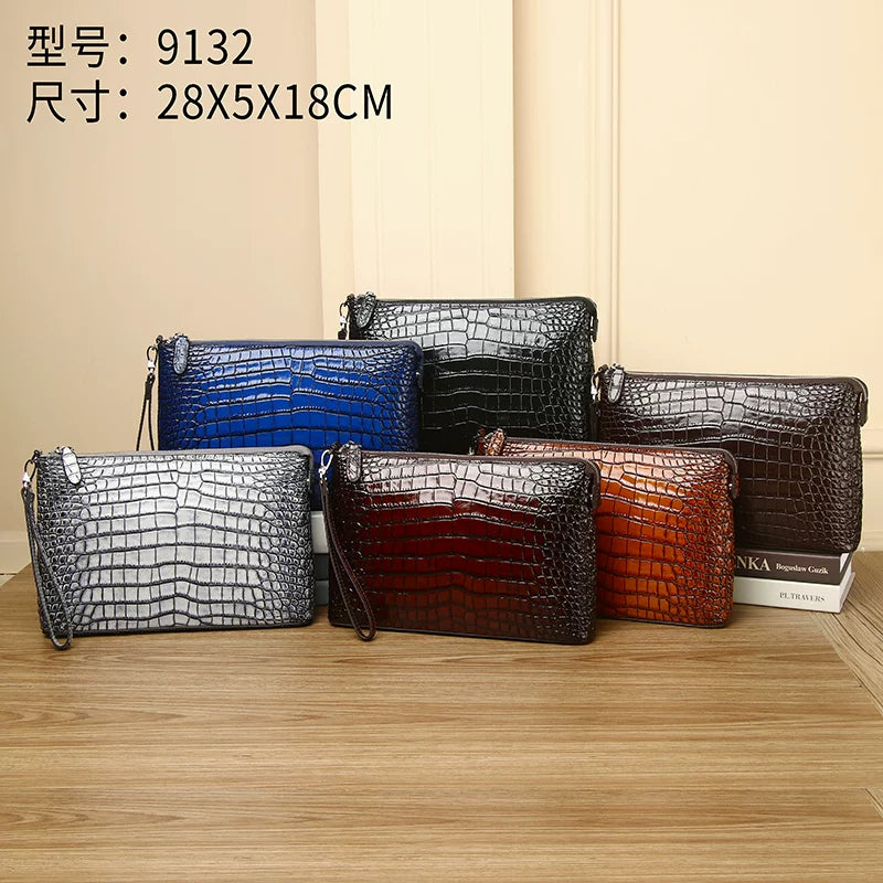 New Arrival Genuine Leather Croc-Effect Wristlet Clutch for Men, A Large Capacity Envelope Hand Grab Bag with Multiple Compartments & Detachable Wrist Strap