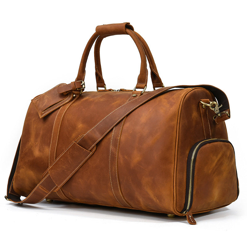 Vintage Crazy Horse Leather Large Capacity Travel Duffle with Shoe Compartment, Top Handle Gym Bag, Premium Cowhide Weekender for Men