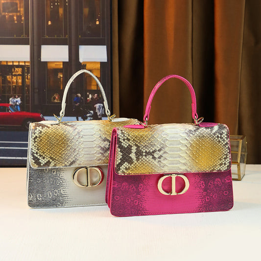 New Arrival Snake-Effect Color-Blocked Small Square Bag for Women, A Vintage Designer Crossbody Top-Handle Handbag with Premium Sophisticated Style 7996-1