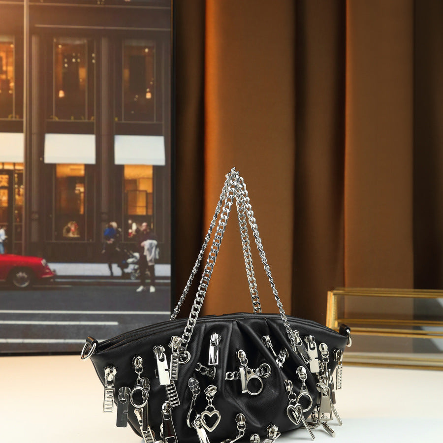 Punk Black Pleated Cloud Dumpling Bag for Women Chain Shoulder Crossbody Handbag, Edgy Zipper Detail Purse with Cool Street Style