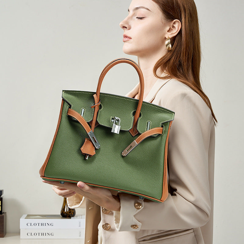 Unique Premium Genuine Leather Crossbody Tote Handbag for Women, Top-Layer Cowhide with Contrast Color Design, Versatile Commuter Bag Inspired by Iconic Turn-Lock Style