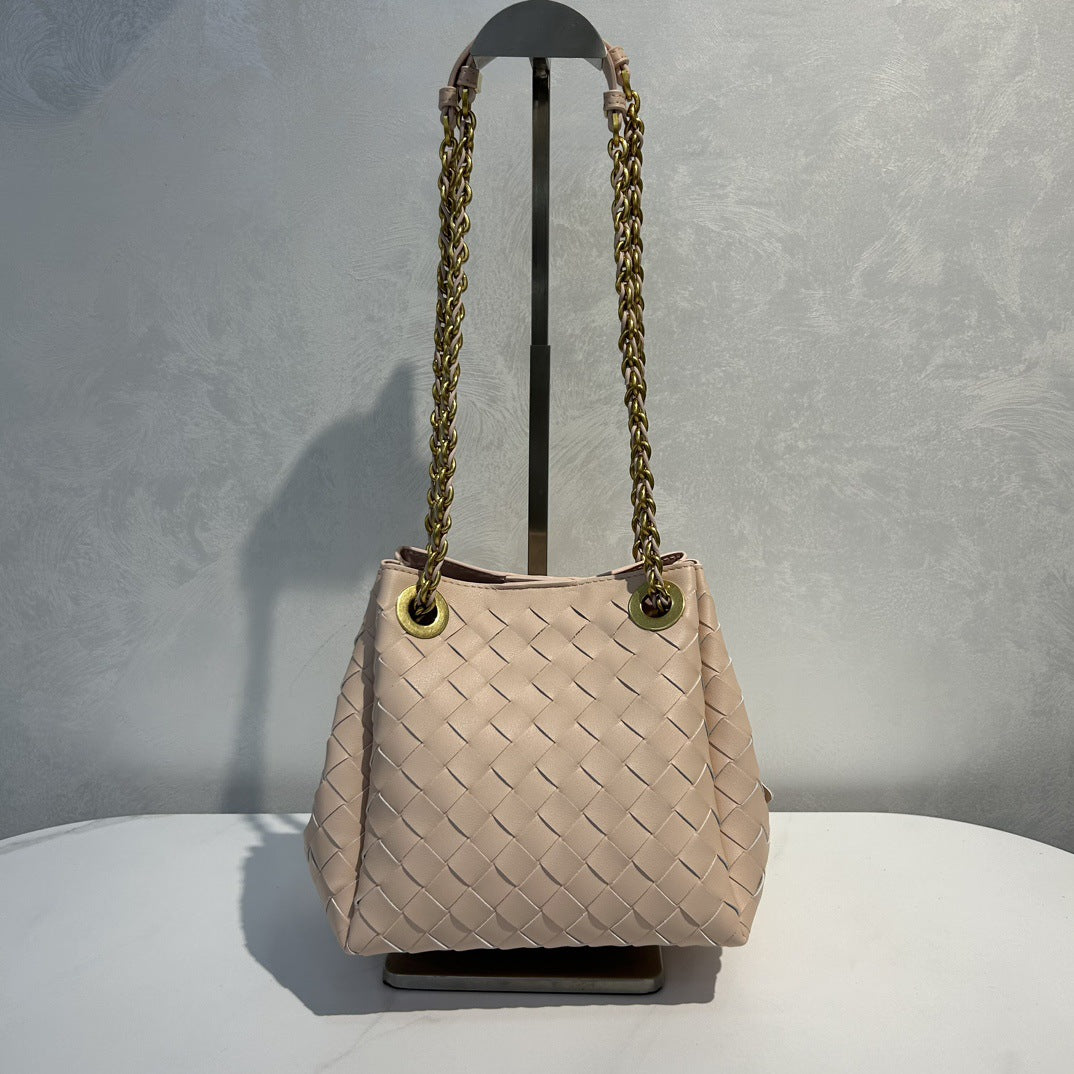 Genuine Leather Metal Chain Woven Parachute Bag for Women, Large Capacity Vintage Underarm Shoulder Crossbody Purse, Premium Handbag for Ladies