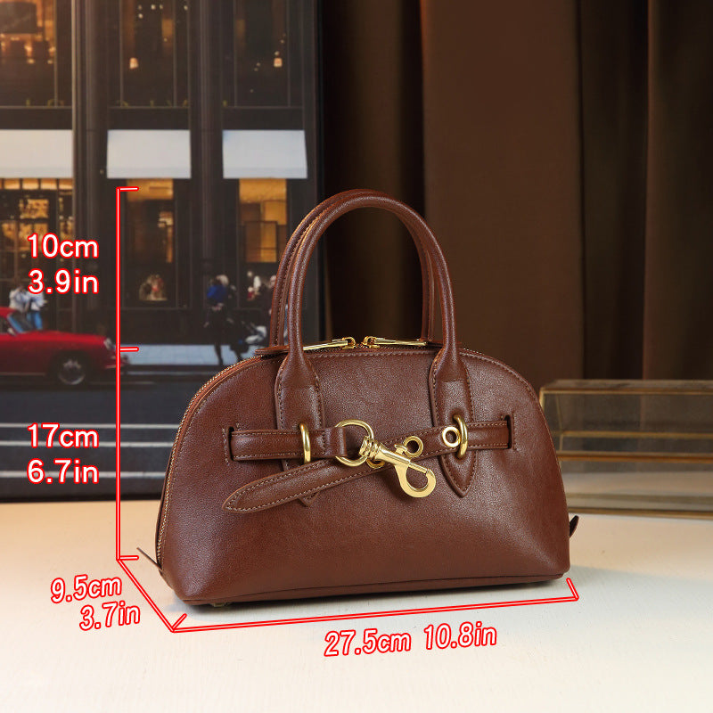 Top Layer Cowhide Shell Bowling Tote Bag for Women Vintage Underarm Shoulder Crossbody Handbag, Genuine Leather Purse with Classic Silhouette