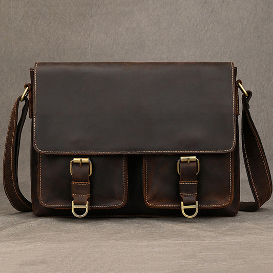 Vintage Crazy Horse Leather Large Capacity Flap Briefcase, Fits A4 Documents, Crossbody Shoulder Commute Bag for Men