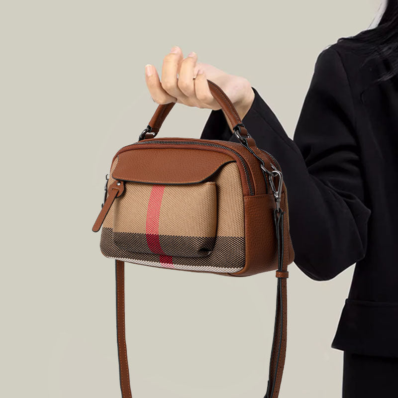 Genuine Leather Classic Plaid Handbag for Women, New Vintage Small Square Crossbody Shoulder Purse, Simple Casual Student Bag for Ladies