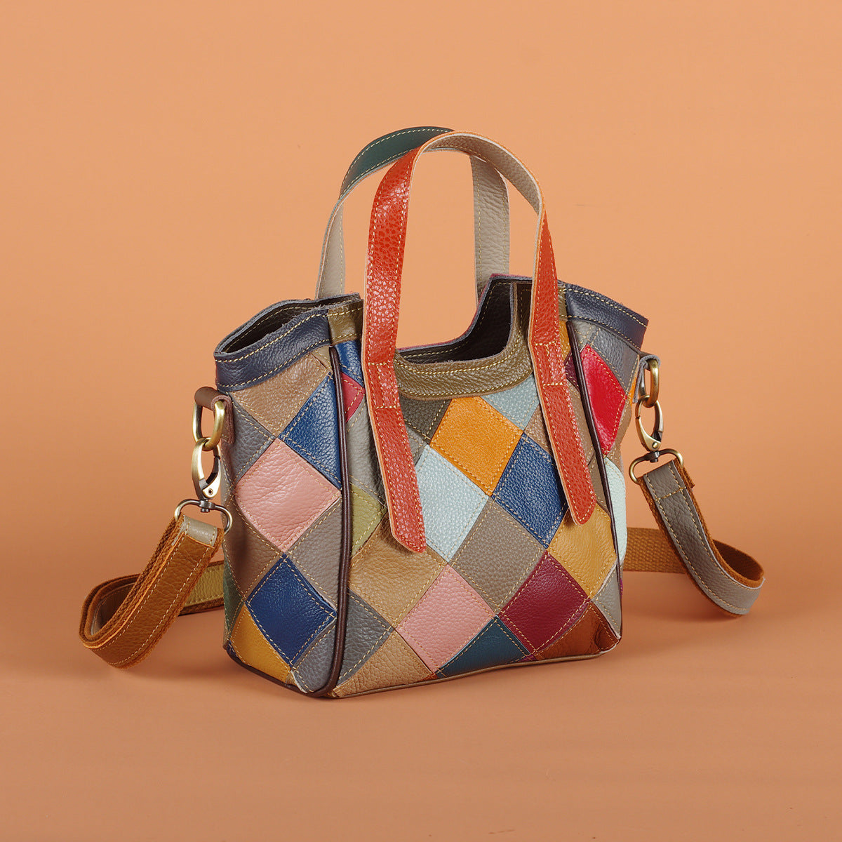 Genuine Leather Vintage Colorful Plaid Patchwork Handbag for Women, Ethnic Casual Shoulder Crossbody Top Handle Purse, Color Block Designer Bag for Ladies