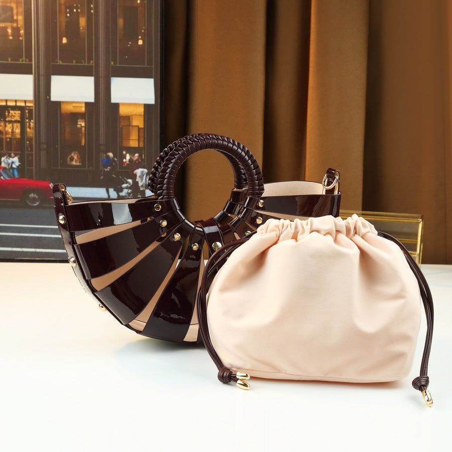 Fan-Shaped Shell Bag for Women Hollow Woven Sub-Bag Handbag, Trendy Shoulder Crossbody Purse with Unique Floral-Inspired Design