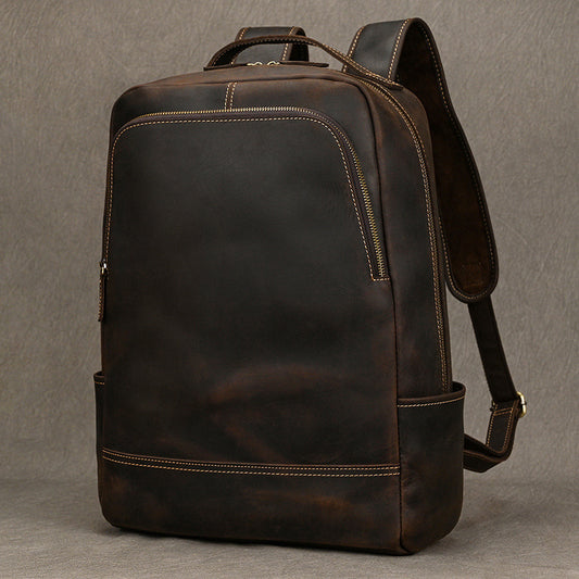 Vintage Casual Crazy Horse Leather Backpack, Large Capacity Student Travel Daypack, Premium Top Layer Cowhide Bag for Men