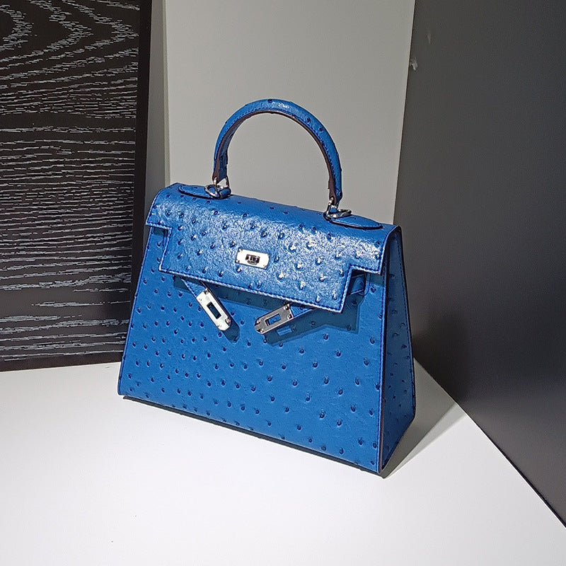Genuine Leather Ostrich-Embossed Kelly-Style Bag for Women, New Spring Summer Premium Shoulder Crossbody Top Handle Purse, Fashionable Versatile Handbag for Ladies